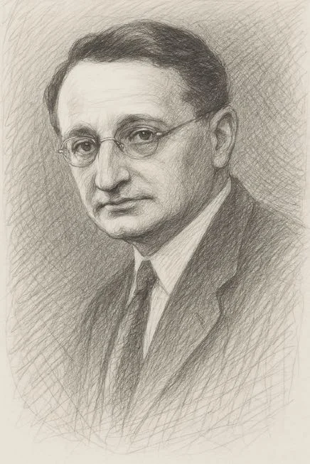 Portrait au crayon de Frank Benford, en complet et lunettes rondes.