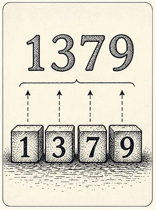 Carte illustrée : le nombre 1379 décomposé en quatre cubes portant les chiffres 1, 3, 7 et 9.