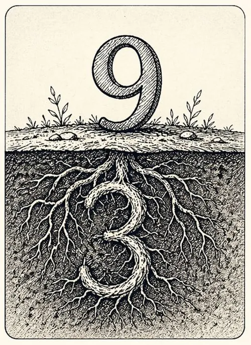Carte illustrée : un 9 pousse hors de terre, ses racines dessinent un 3.