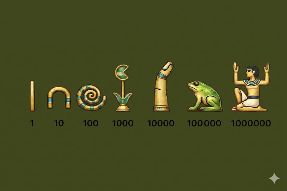 Les sept hiéroglyphes numériques égyptiens : trait, anse, rouleau de corde, fleur de lotus, doigt, têtard, homme agenouillé.