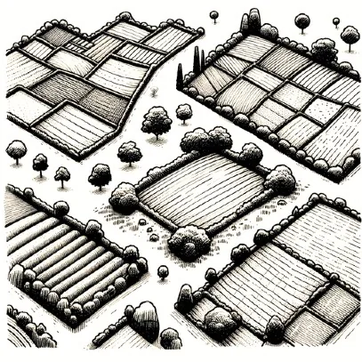 Dessin à l'encre d'une vue aérienne de champs aux formes variées, bordés d'arbres.