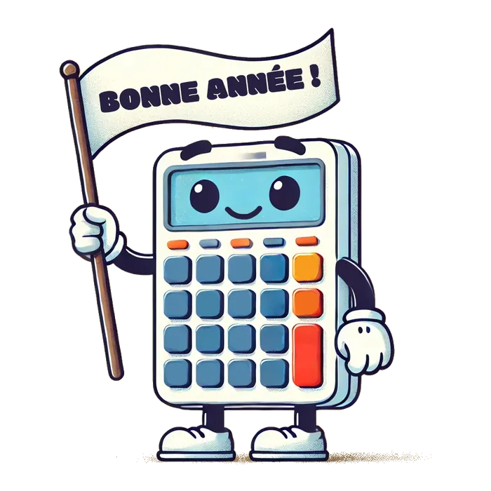 Illustration : une calculatrice souriante tient un drapeau sur lequel est écrit « Bonne année ! ».