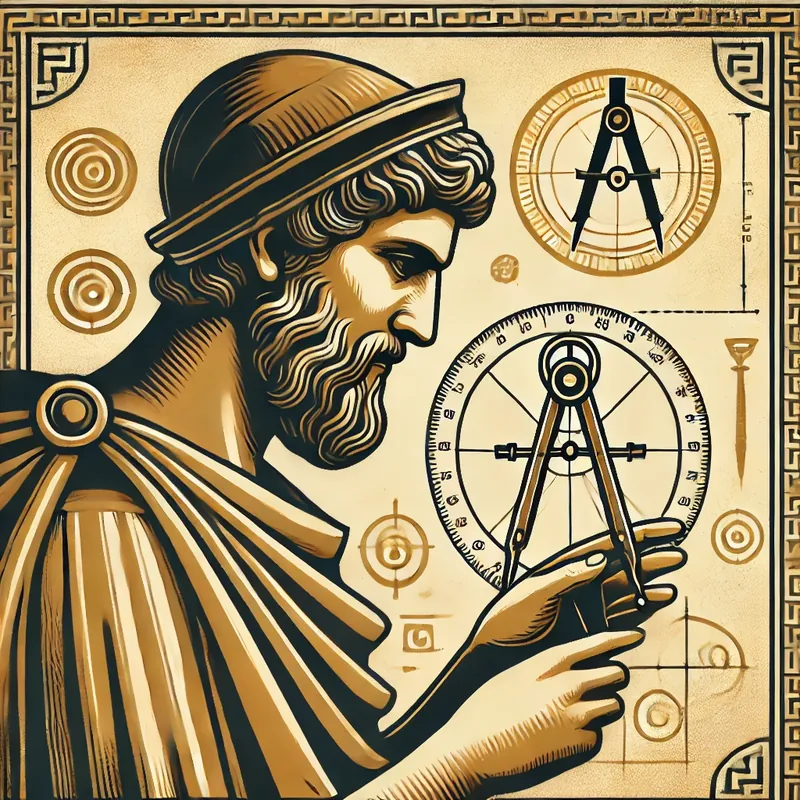 Illustration dans le style de l'art grec classique : un philosophe barbu vêtu d'un himation tient un compas, entouré de figures géométriques.