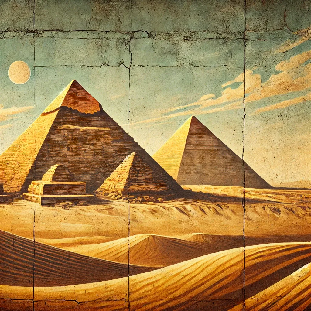 Illustration à la manière d'une peinture murale égyptienne : les pyramides de Gizeh dans le désert, sous un ciel doré.