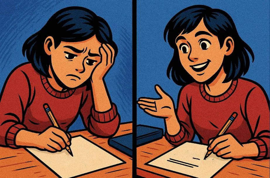 Deux cases de bande dessinée : à gauche, une étudiante découragée devant sa feuille ; à droite, la même étudiante souriante qui explique sa solution.