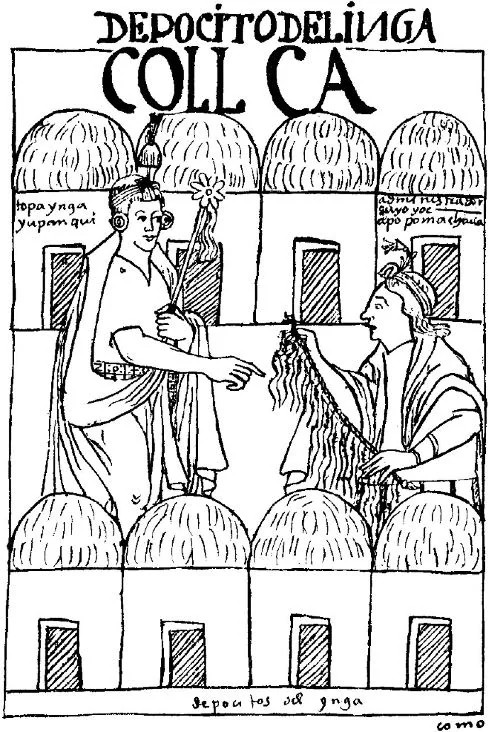 Gravure ancienne intitulée « Depocito del Inga, Collca » : un fonctionnaire inca présente un quipu devant des entrepôts.