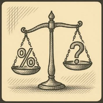 Gravure d'une balance portant un symbole de pourcentage et un point d'interrogation.