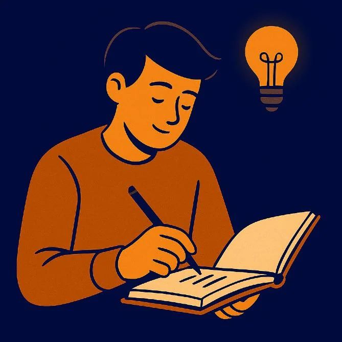 Illustration : un étudiant écrit dans un carnet, une ampoule allumée au-dessus de la tête.