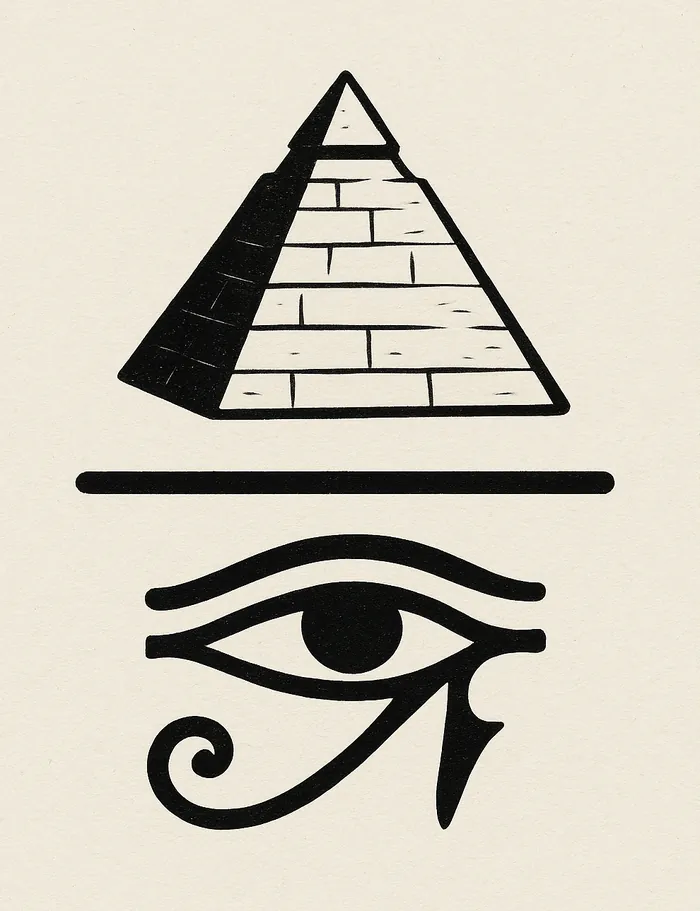 Une pyramide, une barre de fraction et un œil d'Horus, dessinés à l'encre.