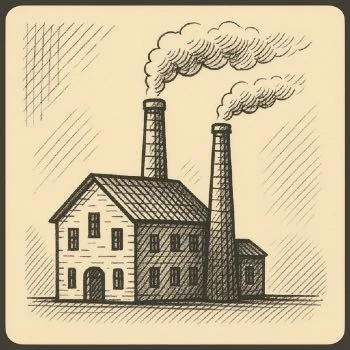 Gravure d'une usine aux cheminées fumantes.