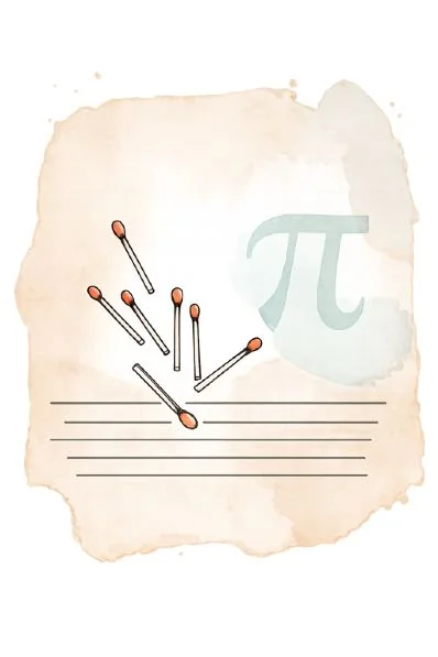 Aquarelle : des allumettes tombent sur des lignes parallèles, près d'un grand symbole π.