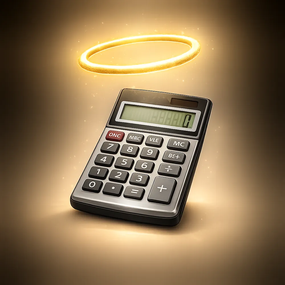 Une calculatrice surmontée d'une auréole dorée.