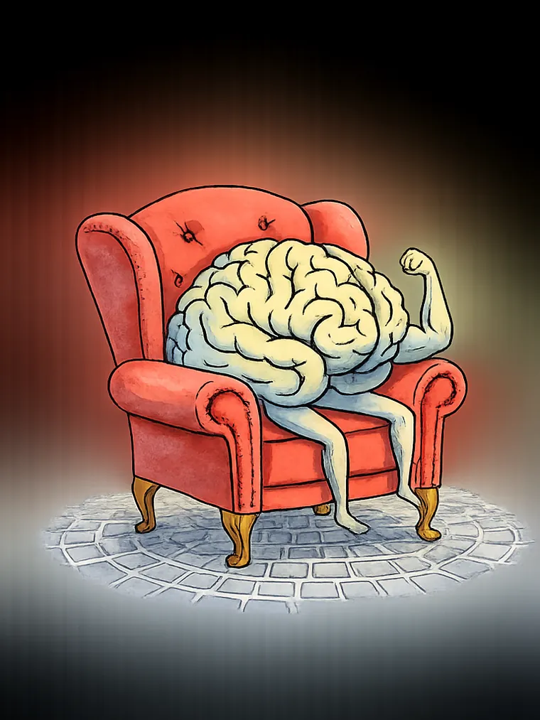 Un cerveau musclé se prélasse dans un fauteuil rouge.