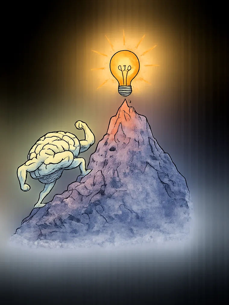 Un cerveau grimpe une montagne au sommet de laquelle brille une ampoule.