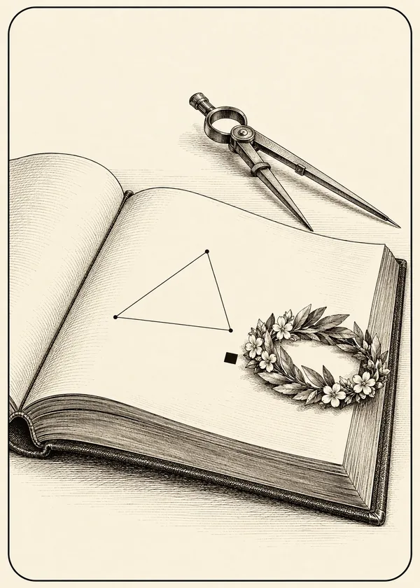 Carte illustrée : un livre de géométrie ouvert sur un triangle et le petit carré noir qui clôt une démonstration ; juste à côté repose une petite couronne de laurier et de fleurs. Un compas est posé près du livre.