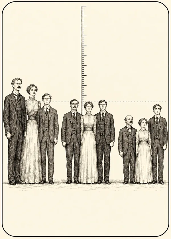 Carte illustrée : trois familles de la fin du XIXe siècle devant une toise. Le fils des parents très grands est un peu moins grand qu'eux, celui des parents très petits un peu plus grand ; une ligne pointillée marque la taille moyenne.