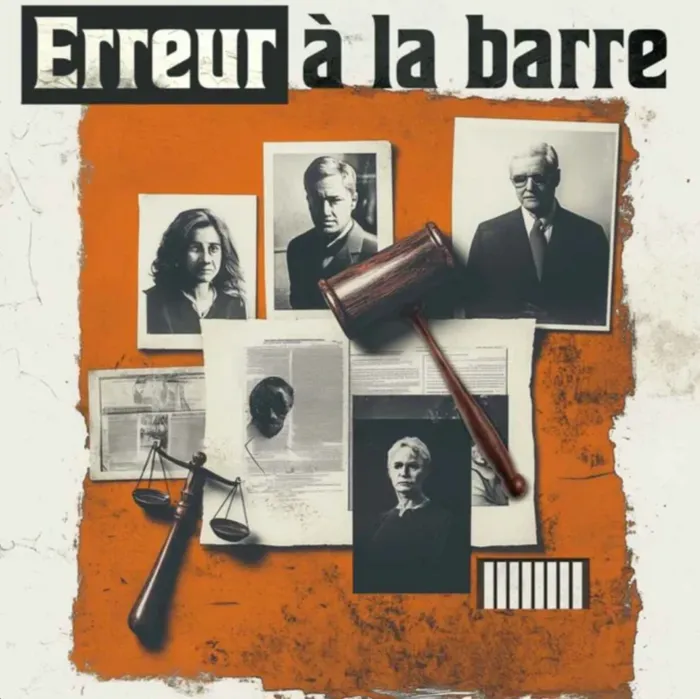 Visuel du balado Erreur à la barre : photos en noir et blanc, coupures de journaux, maillet de juge et balance de la justice sur fond orange.