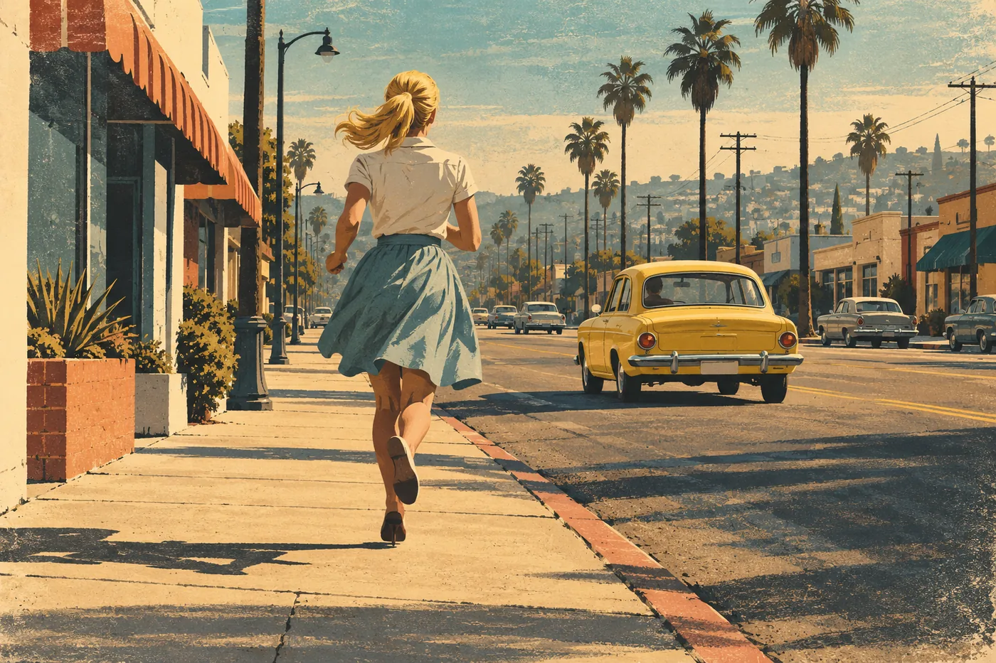 Illustration rétro : une rue ensoleillée de Los Angeles bordée de palmiers ; une femme blonde à queue de cheval court sur le trottoir, une voiture jaune des années 1960 passe sur la chaussée.
