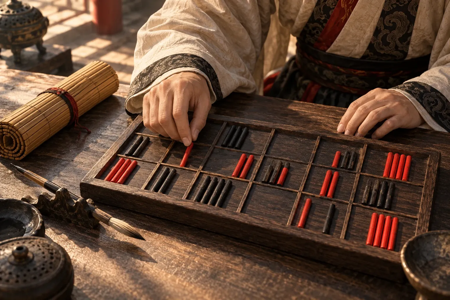 Les mains d'un calculateur chinois en robe de soie déplacent des bâtonnets rouges et noirs sur une planche à calcul quadrillée, à côté d'un rouleau de lamelles de bambou et d'un pinceau.