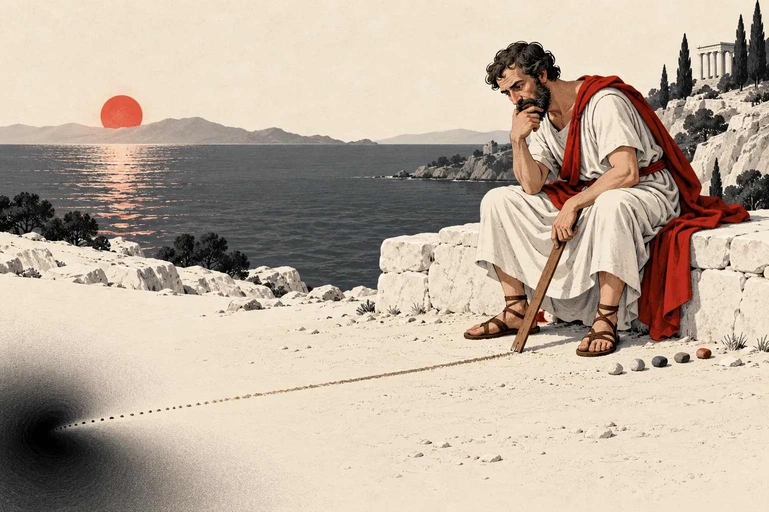 Un penseur grec en toge, assis sur un muret au bord de la mer, contemple une ligne tracée dans le sable qui se perd dans une tache noire ; à ses pieds, une rangée de cailloux.