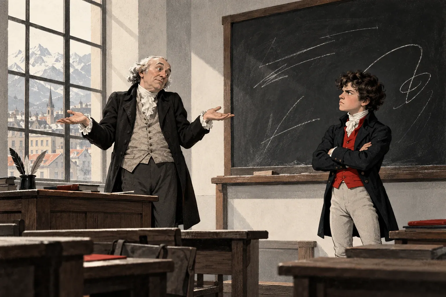 Dans une salle de classe de Grenoble, au tournant du XIXe siècle, un vieux professeur en redingote hausse les épaules, paumes ouvertes, devant le jeune Stendhal qui le fixe, bras croisés et sourcils froncés. Par la fenêtre, des montagnes enneigées.