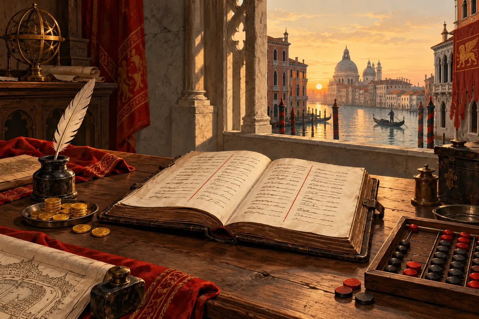 Le cabinet d'un marchand vénitien au soleil couchant : sur une table de bois, un grand livre de comptes ouvert, à deux colonnes séparées par un trait rouge, une plume, des pièces d'or et une planche à jetons rouges et noirs. Par la fenêtre, le Grand Canal, une gondole et une coupole.