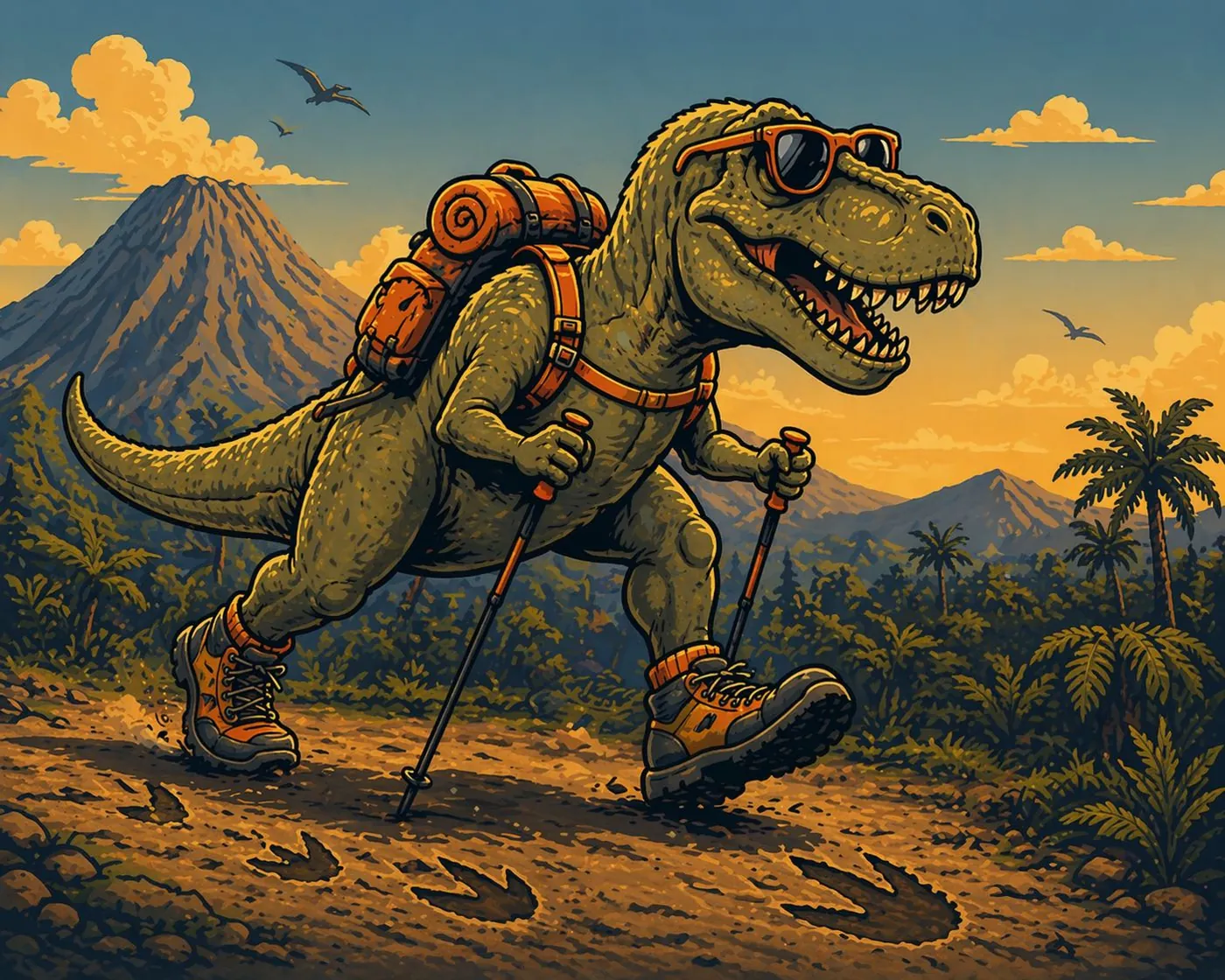 Un tyrannosaure en randonnée, lunettes de soleil, sac à dos et bâtons de marche, devant un volcan.